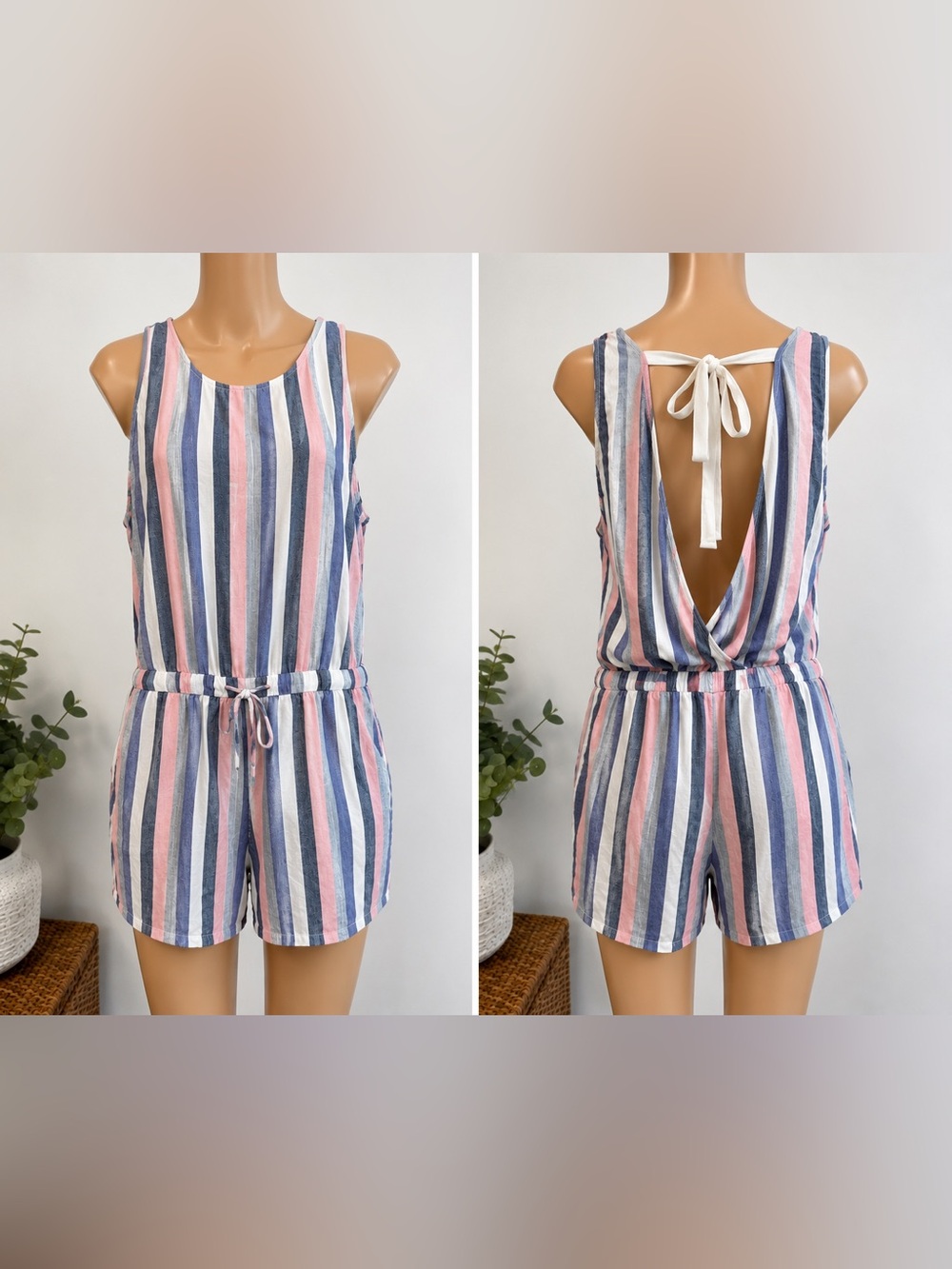 Bella Dahl Valentina Striped Linen Blend Crossback Romper Pockets L